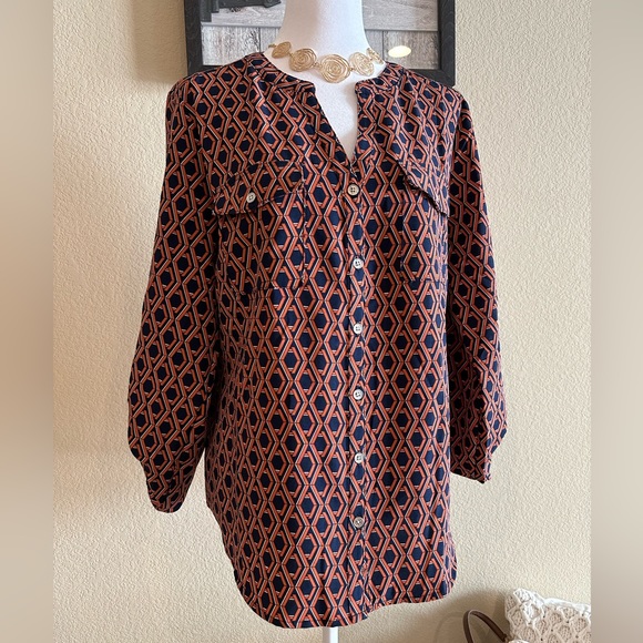 Notations Women’s Blue/Orange V-Neck Blouse w/Pull-Tab Sleeve Option - Size M - Picture 1 of 9